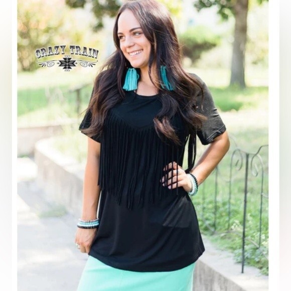 Crazy Train Short Sleeve Top with Fringes in Women’s Size Large Western/Boho - Picture 1 of 8